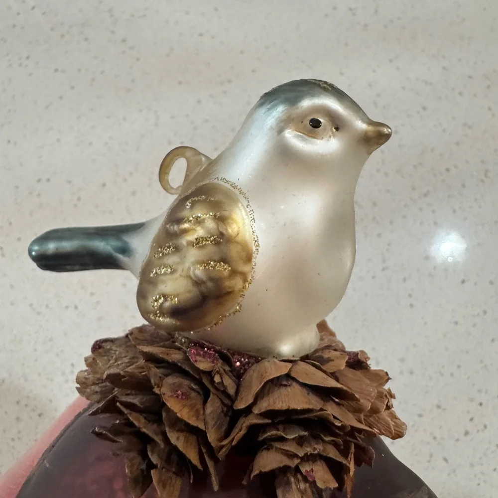 Razz Glass Bird on Pinecone - Christmas Ornament